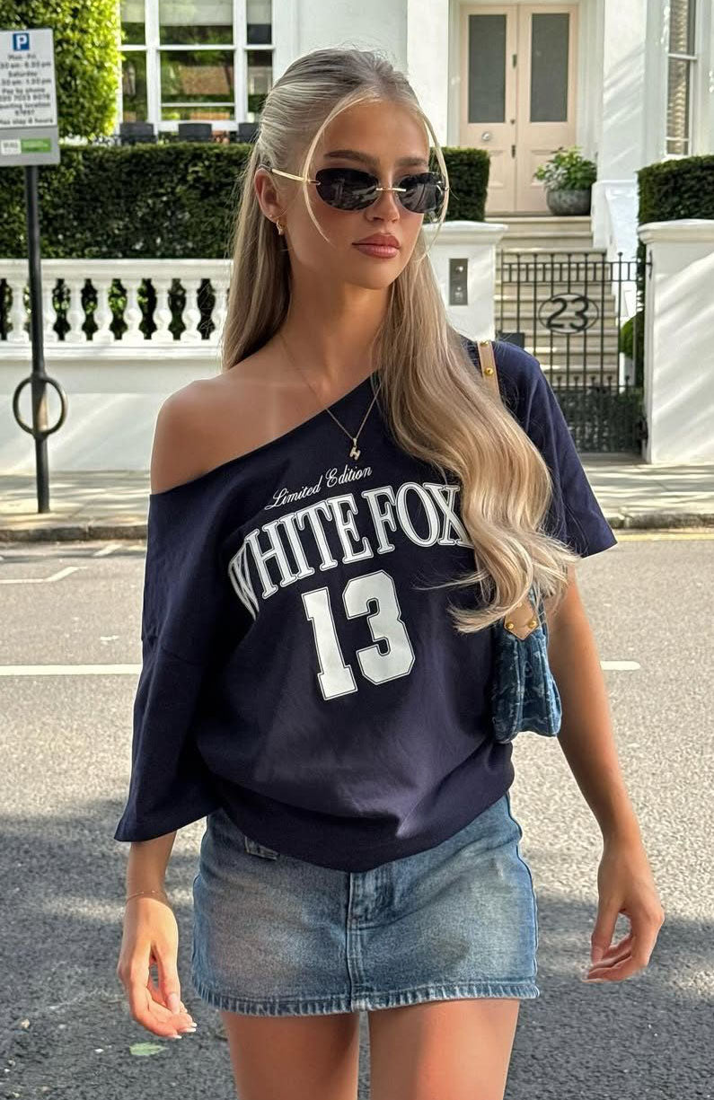 Everything In Time Off Shoulder Oversized Tee Navy